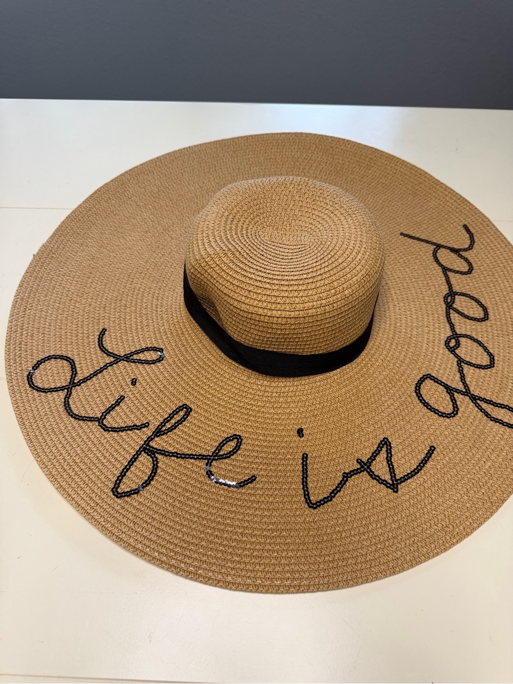 Wide Brim Straw Sun Hat with 'Life Is Good' Embroidery - Tan/Black